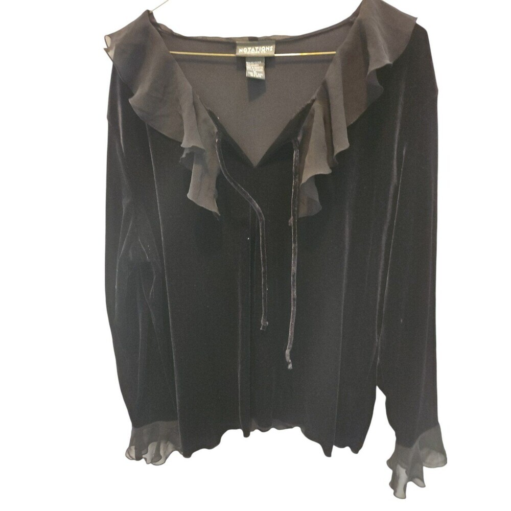 NOTATIONS XL BLACK VELVET RUFFLED NECK BLOUSE SZ Xl - Picture 2 of 8